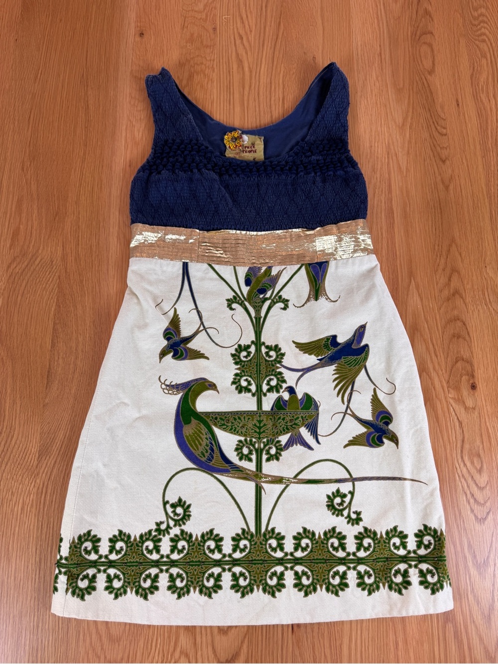Free People Textured Knit dress with Green/Navy Bird Pattern Vintage
